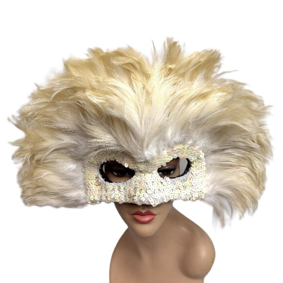 Showgirl Carnival Cream Off White Feather Mask Deluxe Vintage 90’s